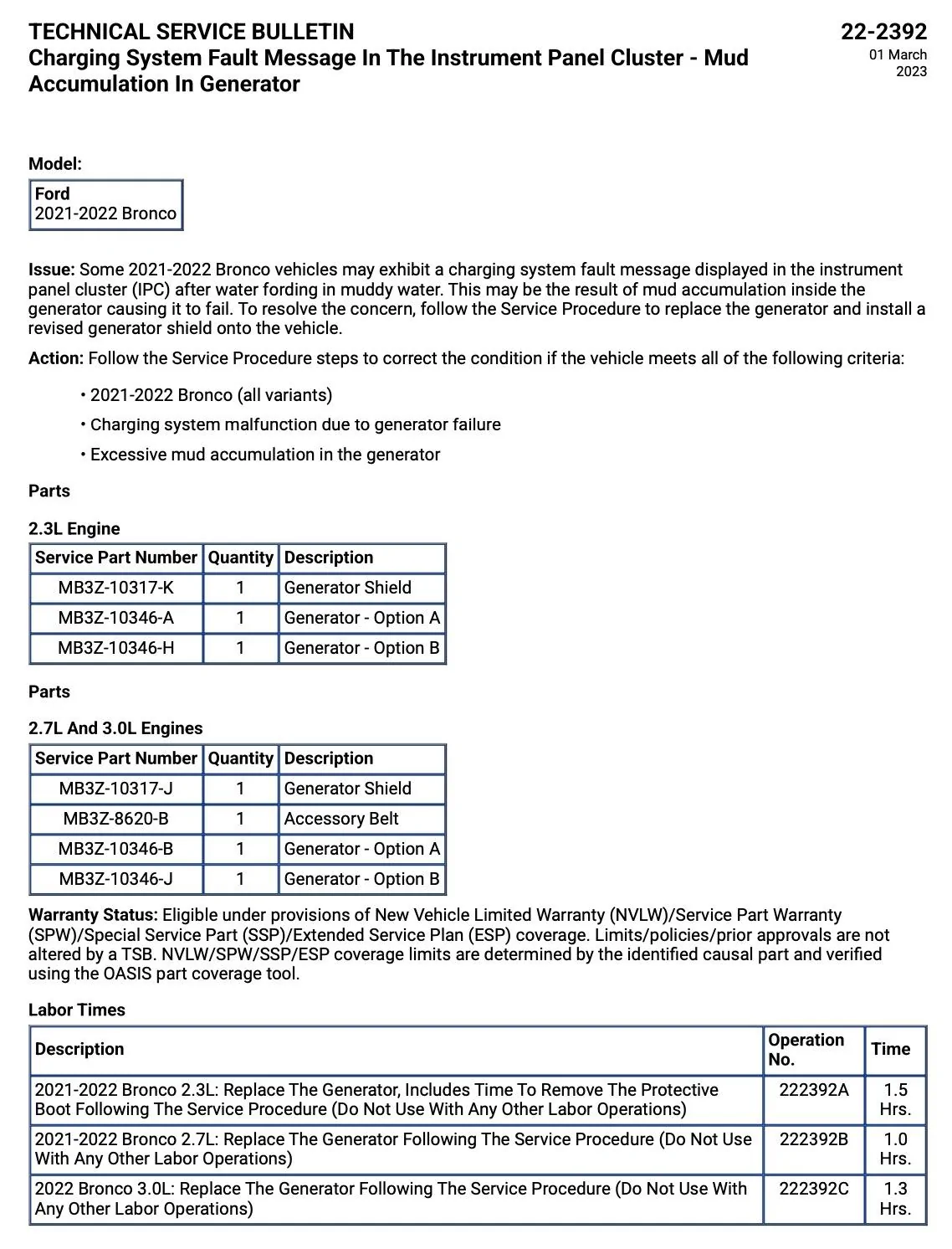 Ford Bronco Muddy water fording alternator issue fix: TSB 22-2392 -- Mud Accumulation in Generator TSB 22-2392 -- Mud Accumulation in Generator Alternator 1