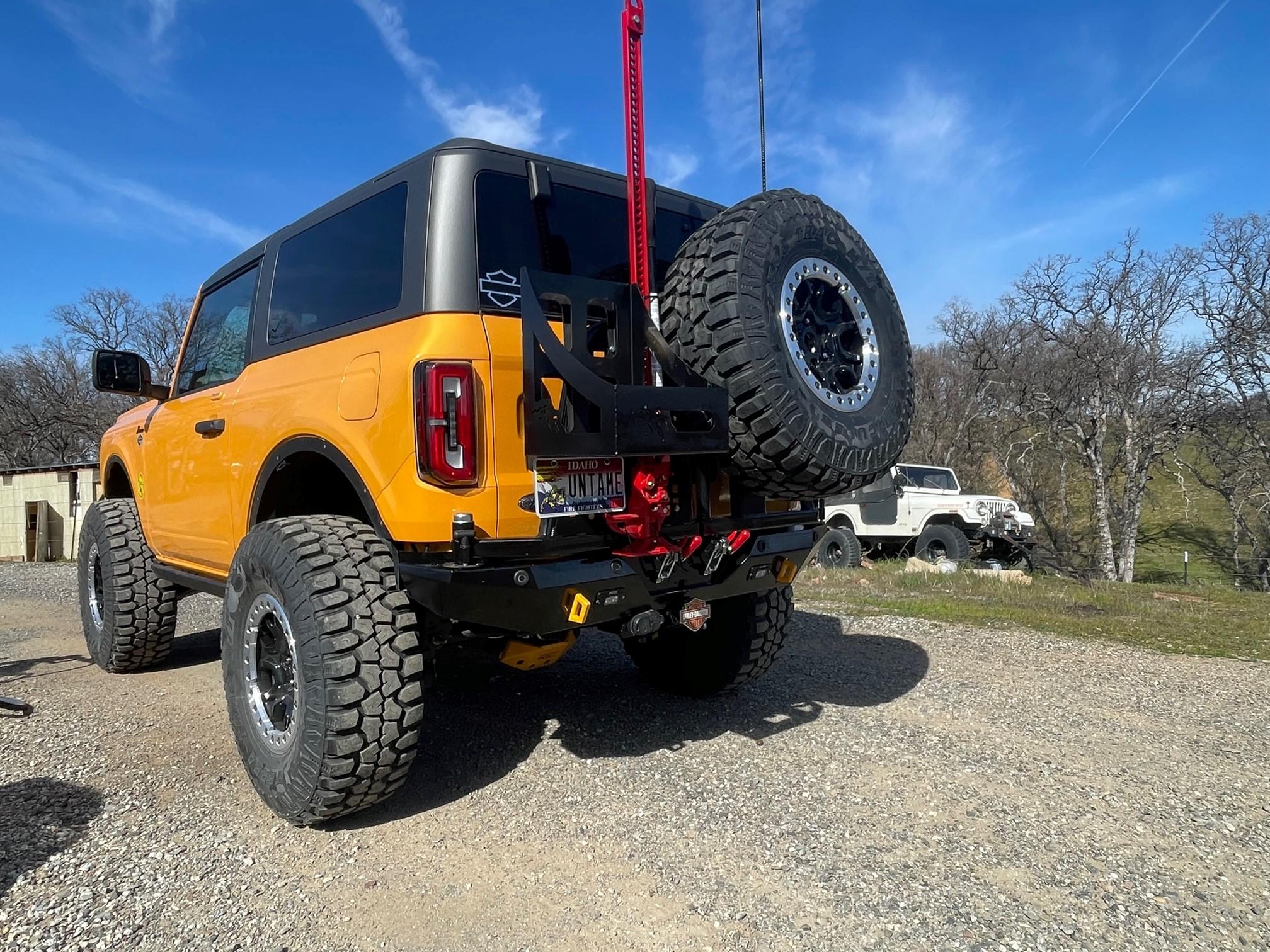 Ford Bronco Installed SRQ FABRICATION rear bumper with swing outs -- review and photos lrl