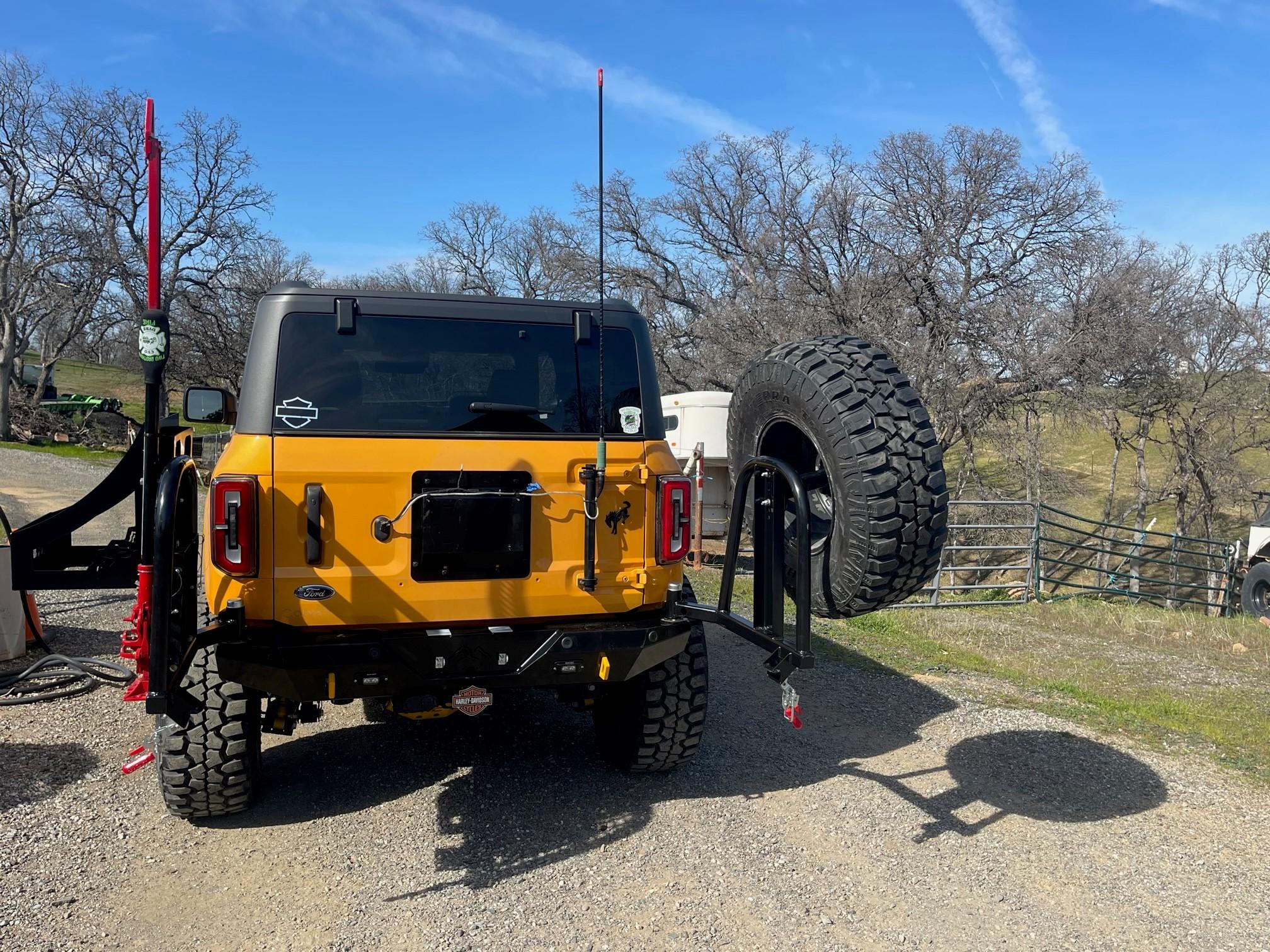 Ford Bronco Installed SRQ FABRICATION rear bumper with swing outs -- review and photos rvo
