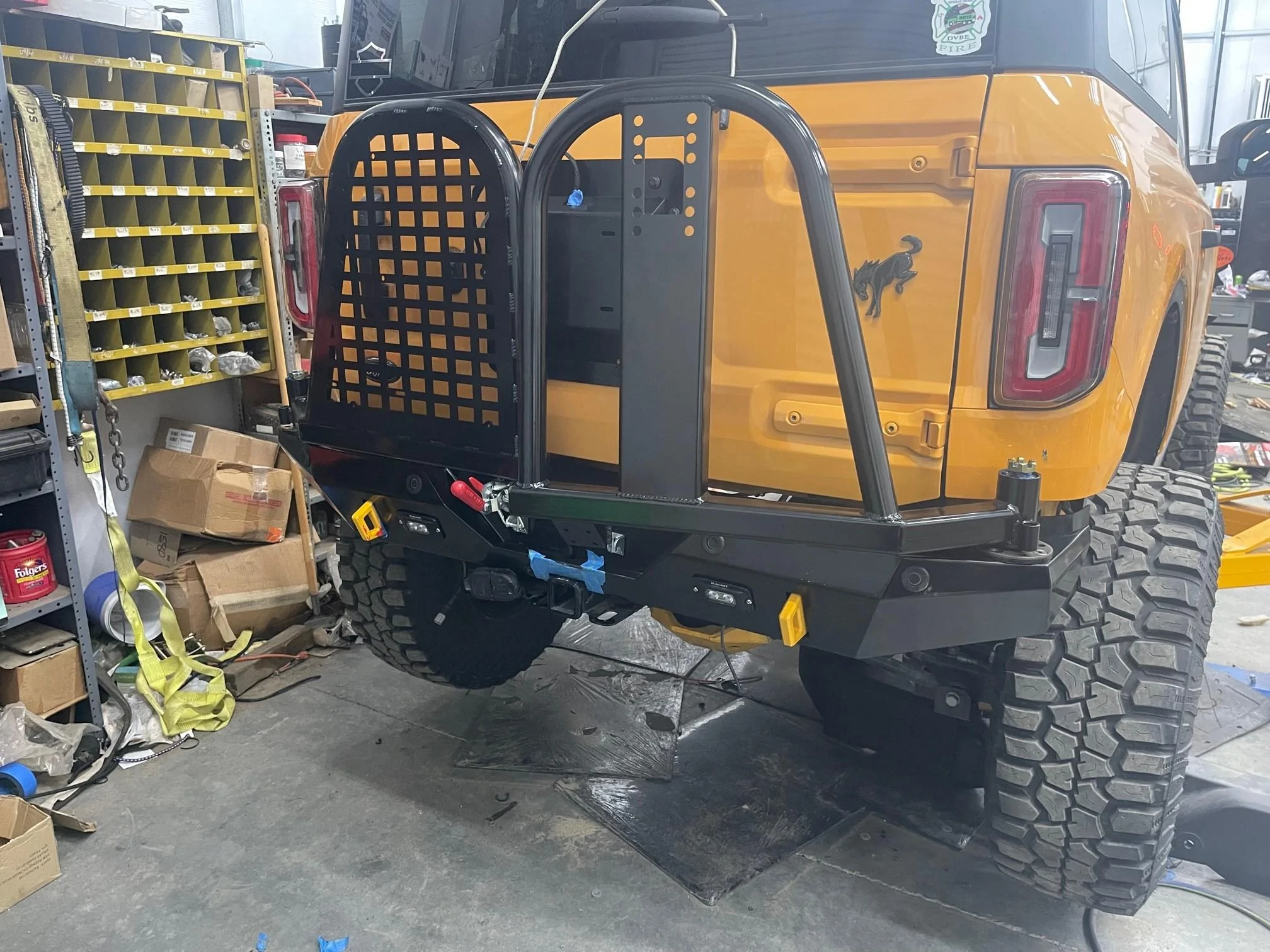 Ford Bronco Installed SRQ FABRICATION rear bumper with swing outs -- review and photos sho