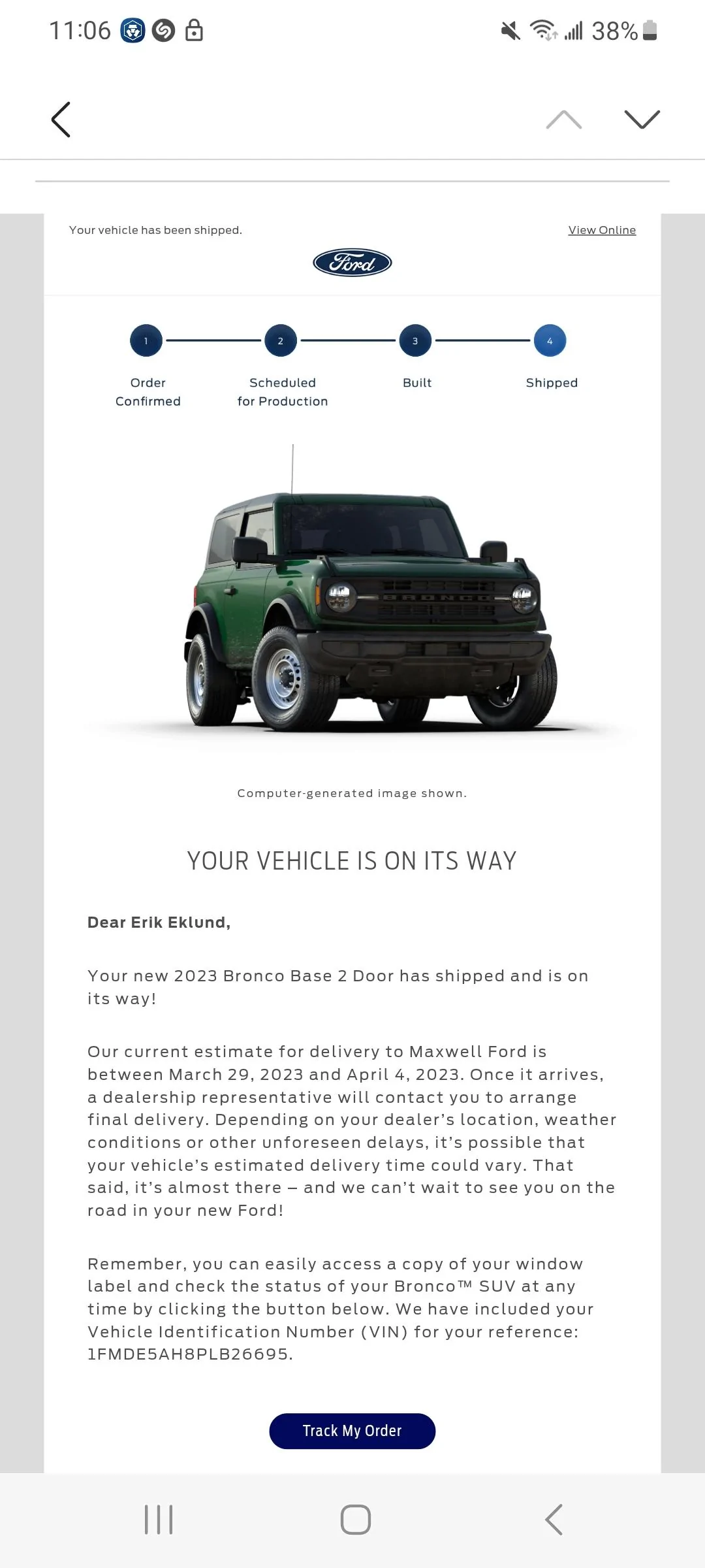 Ford Bronco 03/06/2023 Build Week Screenshot_20230313_110655_Email