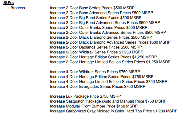 Ford Bronco Mid-Year 2023 Bronco Pricing Increase Effective 3/15/23 (PL 335). Price Protection for orders before 3/15 1678800763814