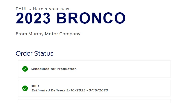 Ford Bronco 03/06/2023 Build Week 1679010512878