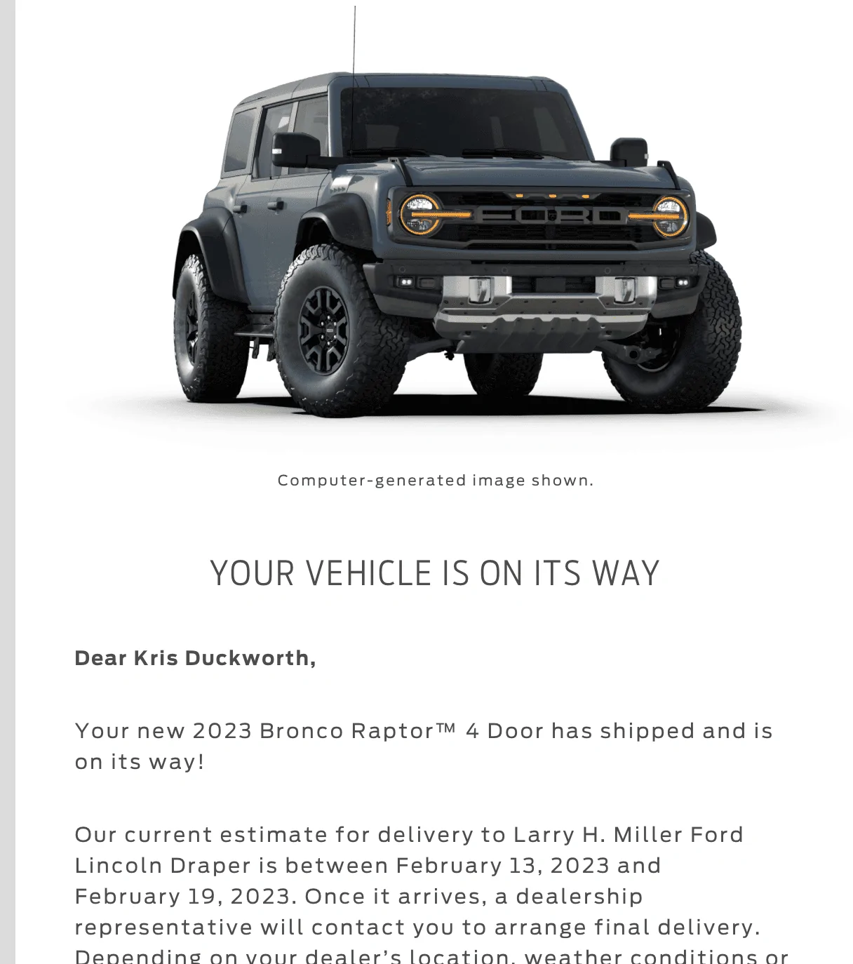 Ford Bronco Delivery Time to Utah 2023-03-21_09-27-25