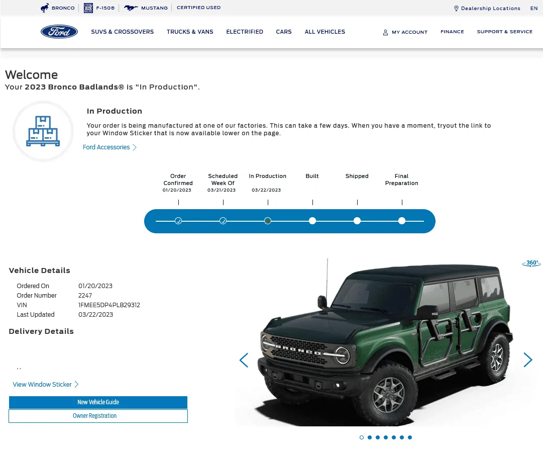 Ford Bronco 3/20/2023 Build Week with spreadsheet Screenshot 2023-03-23 at 10-59-05 Ford Vehicle Order Tracking Status