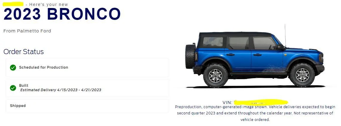 Ford Bronco 3/20/2023 Build Week with spreadsheet Tracker-ETA SHIP-redacted