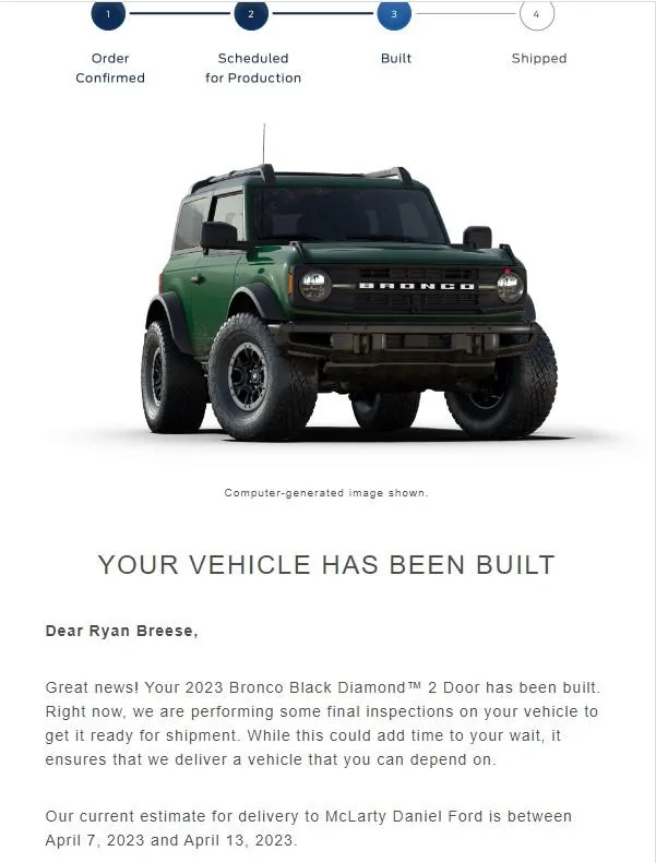 Ford Bronco 3/20/2023 Build Week with spreadsheet Built
