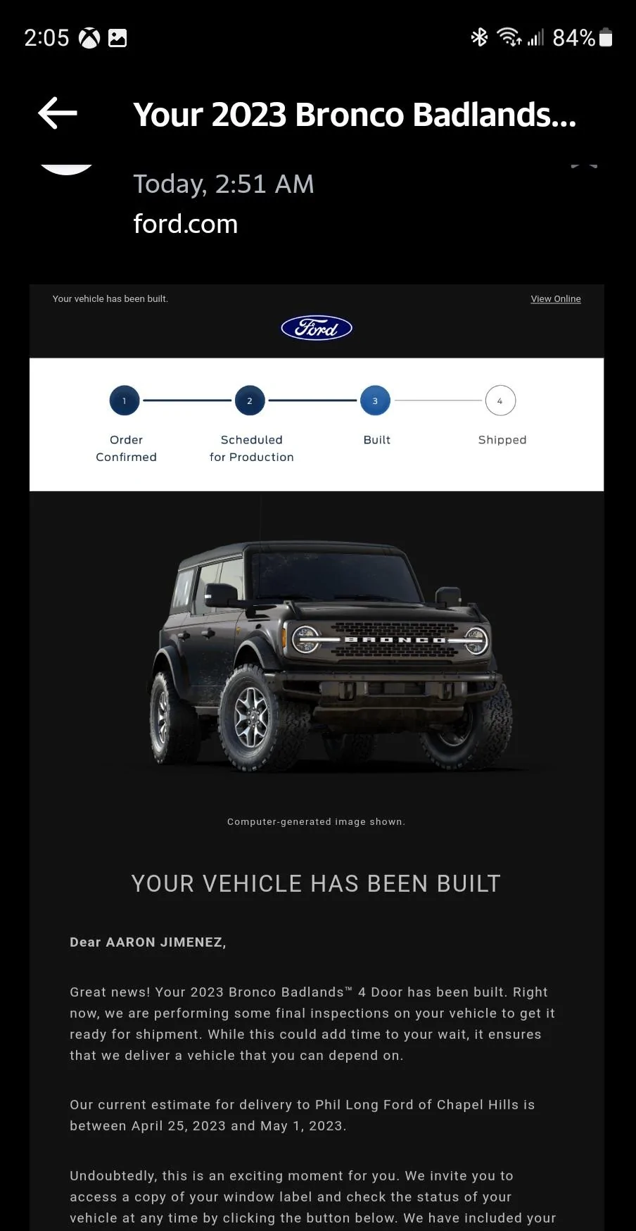 Ford Bronco 3/20/2023 Build Week with spreadsheet Screenshot_20230329_140553_Yahoo Mail