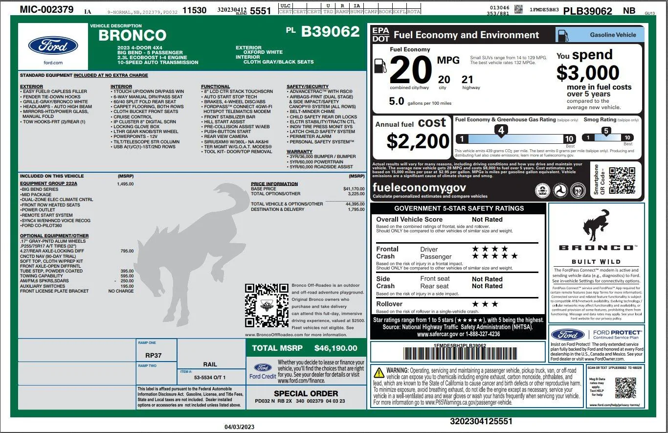 Ford Bronco Bronco Build Week 4/10/2023 0 - Marks Bronco windowsticker
