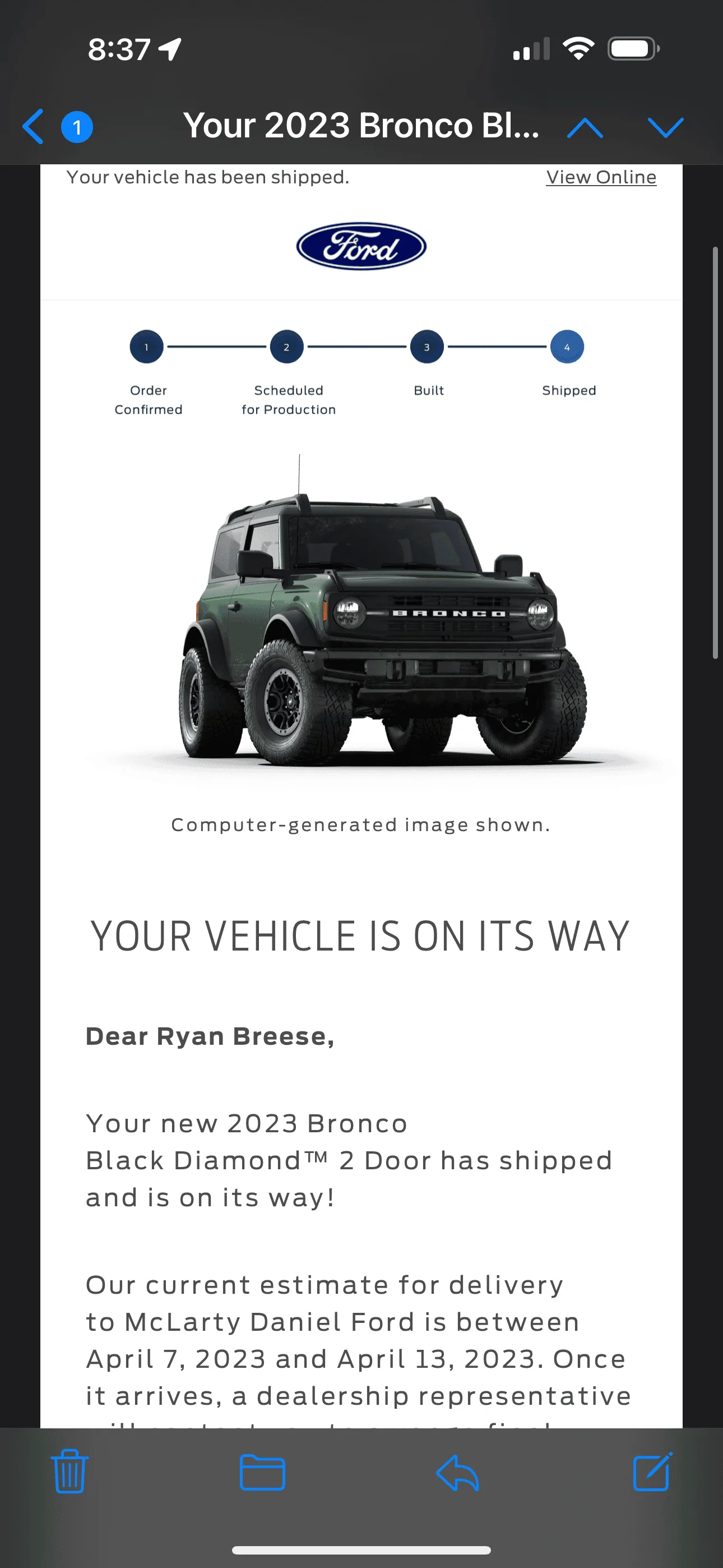 Ford Bronco 3/20/2023 Build Week with spreadsheet Shipped