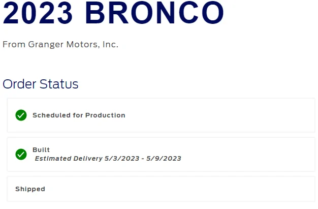 Ford Bronco Bronco Build Week 4/10/2023 bronco