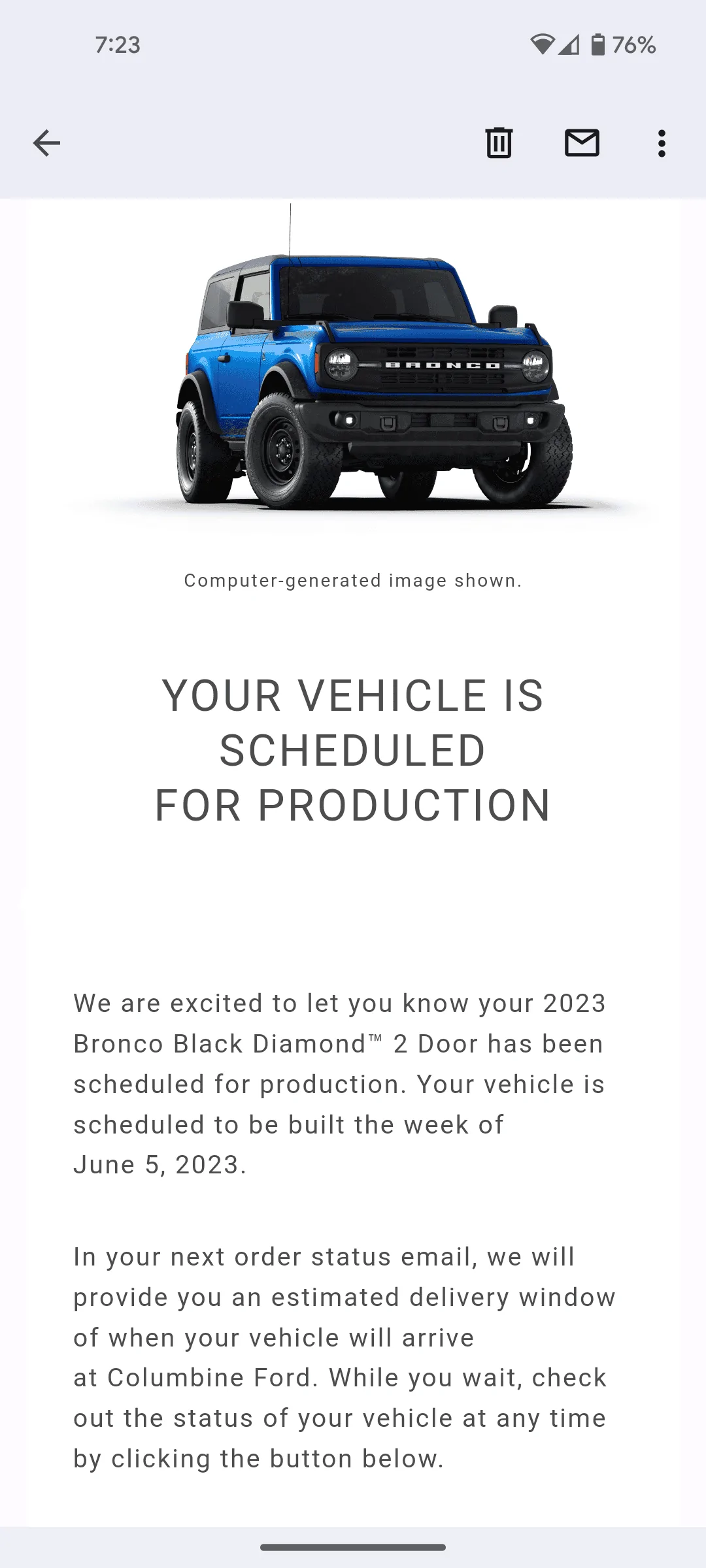 Ford Bronco 📬 4/20/23 Scheduling Emails Now Arriving! Screenshot_20230420-072349~2