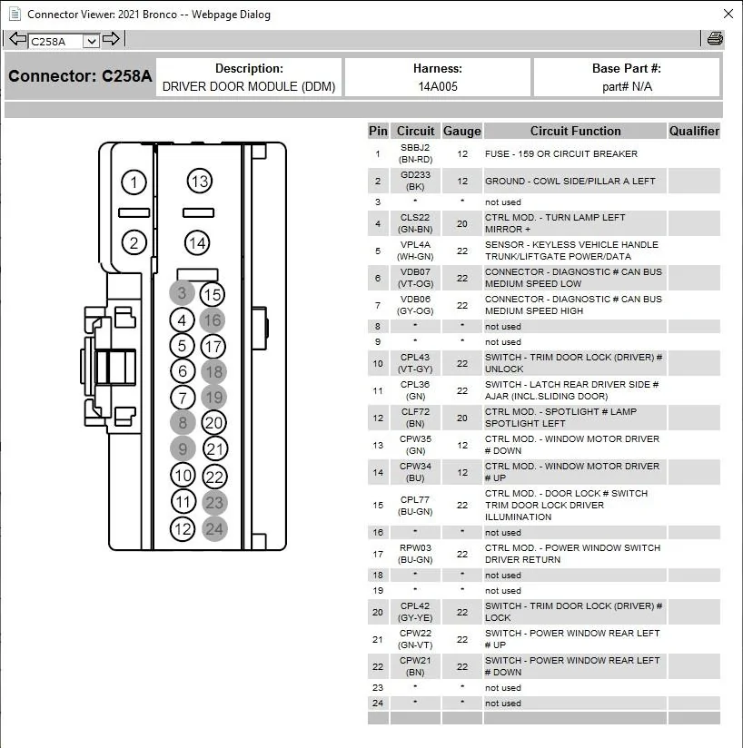 Ford Bronco OBD2 - No Power DDM Pin-out