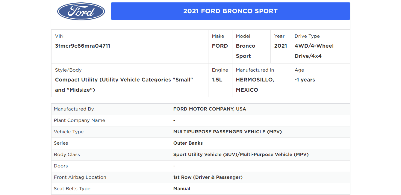 Ford Bronco Bronco VIN Bronco Sport
