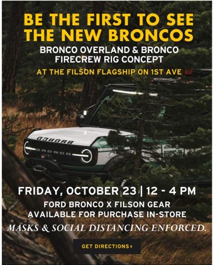 Ford Bronco Bronco Event in Seattle Tomorrow (10/23) -- Filson Firecrew Rig at the Filson Store Bronco Event at Filson