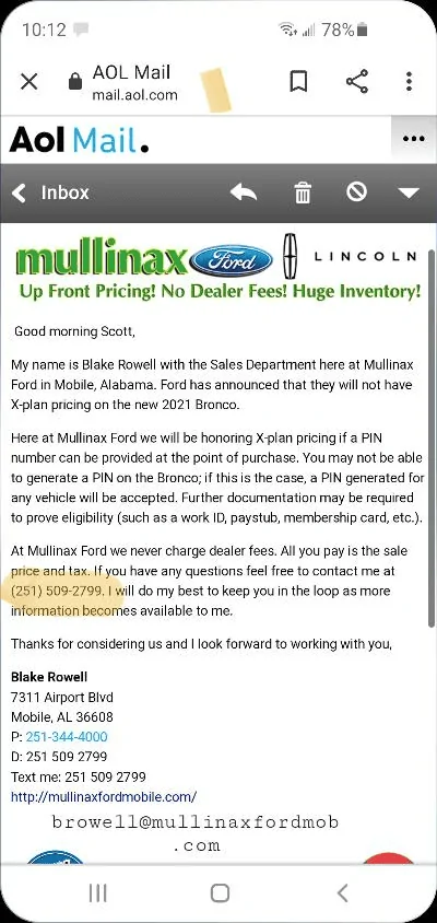 Ford Bronco Mullinax Auto Group pricing decision: X Plan pricing with PIN 1603398874955
