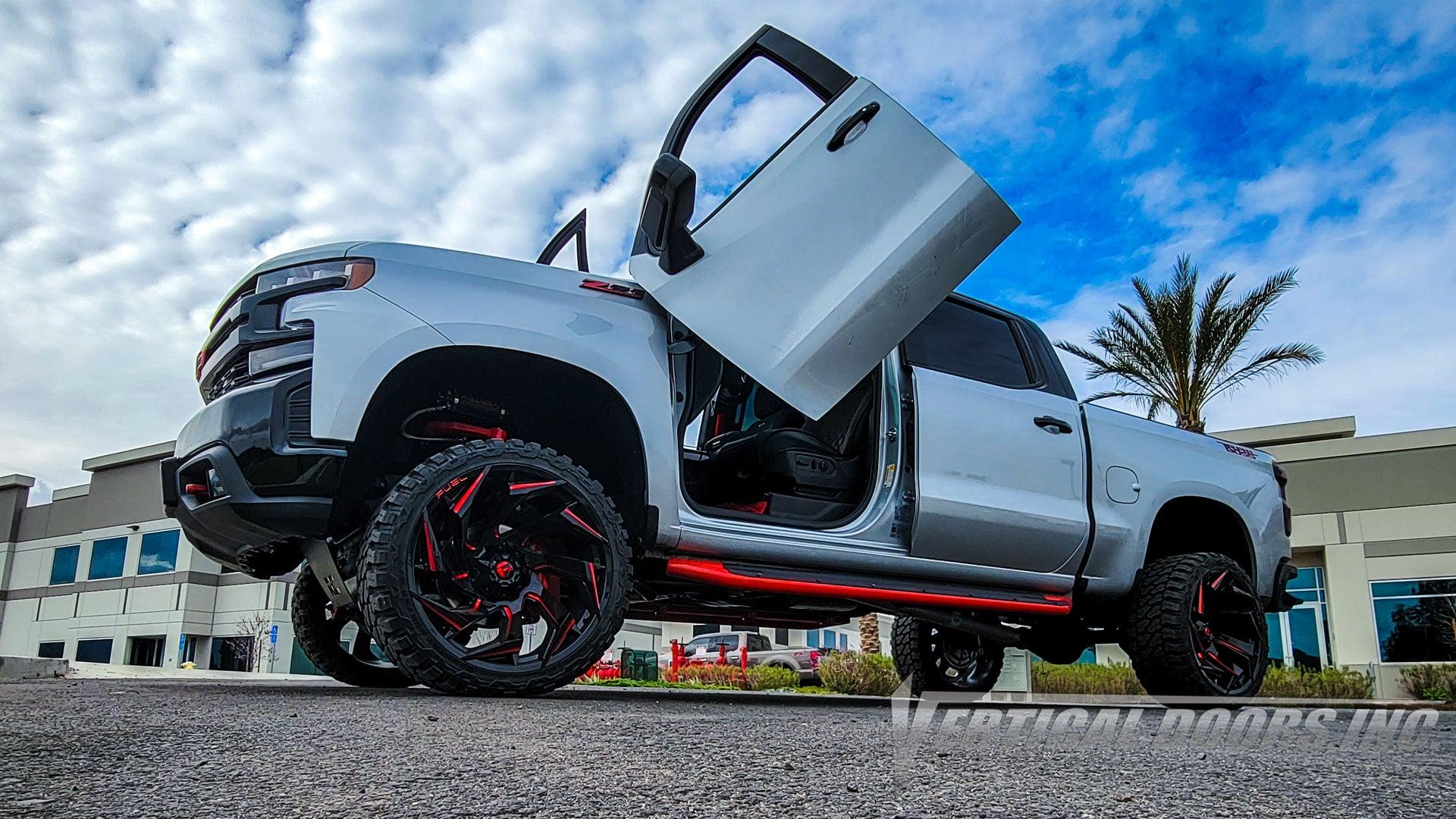 Ford Bronco Velox Gull Wing doors installed in MIC hard top VDCCHEVYSILVER19_silverado-lambo-doors-z71-2