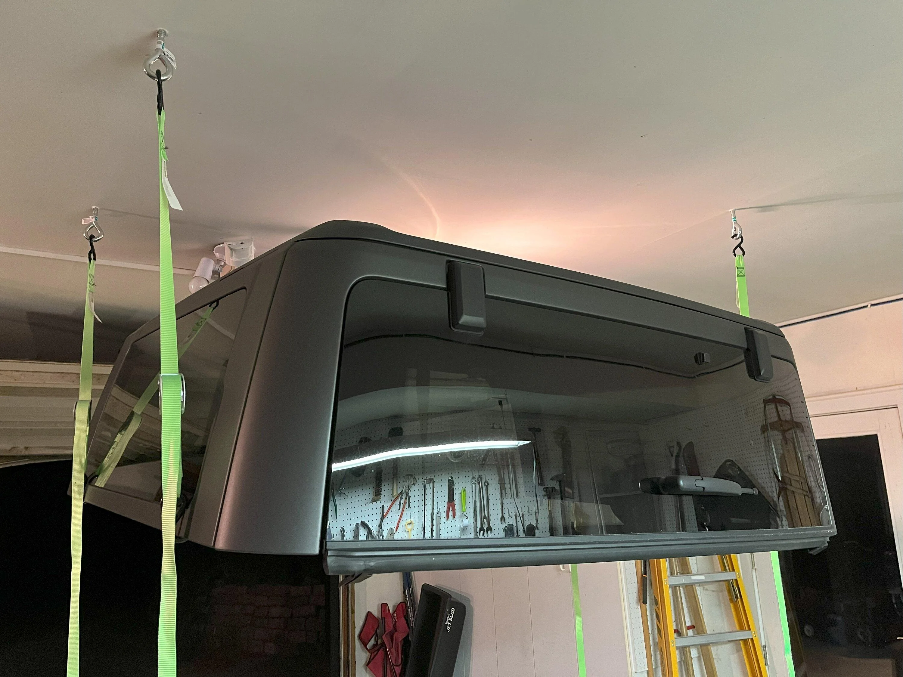 Ford Bronco 2 Door Hardtop lift / storage DIY with just (4) eye hooks and (4) cam straps IMG_0057
