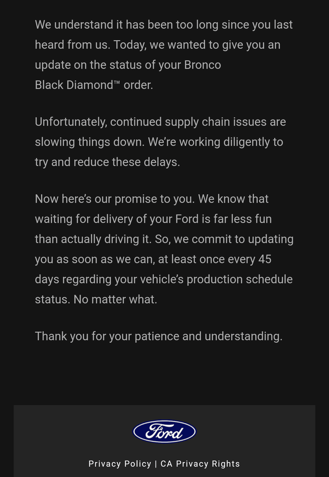 Ford Bronco Ford: Supply chain issues and we promise you in 45 days... email Screenshot_20230616-172618