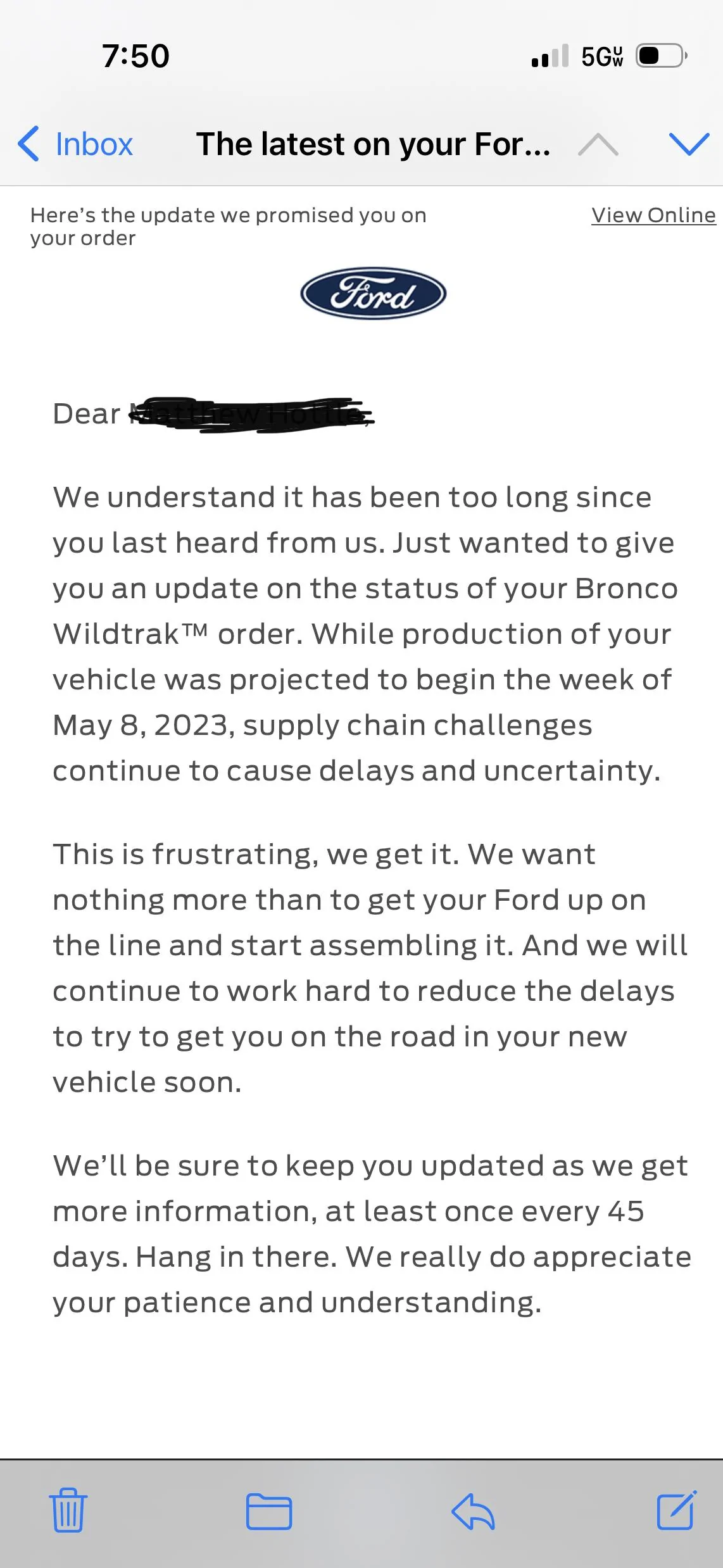 Ford Bronco Ford: Supply chain issues and we promise you in 45 days... email IMG_6328