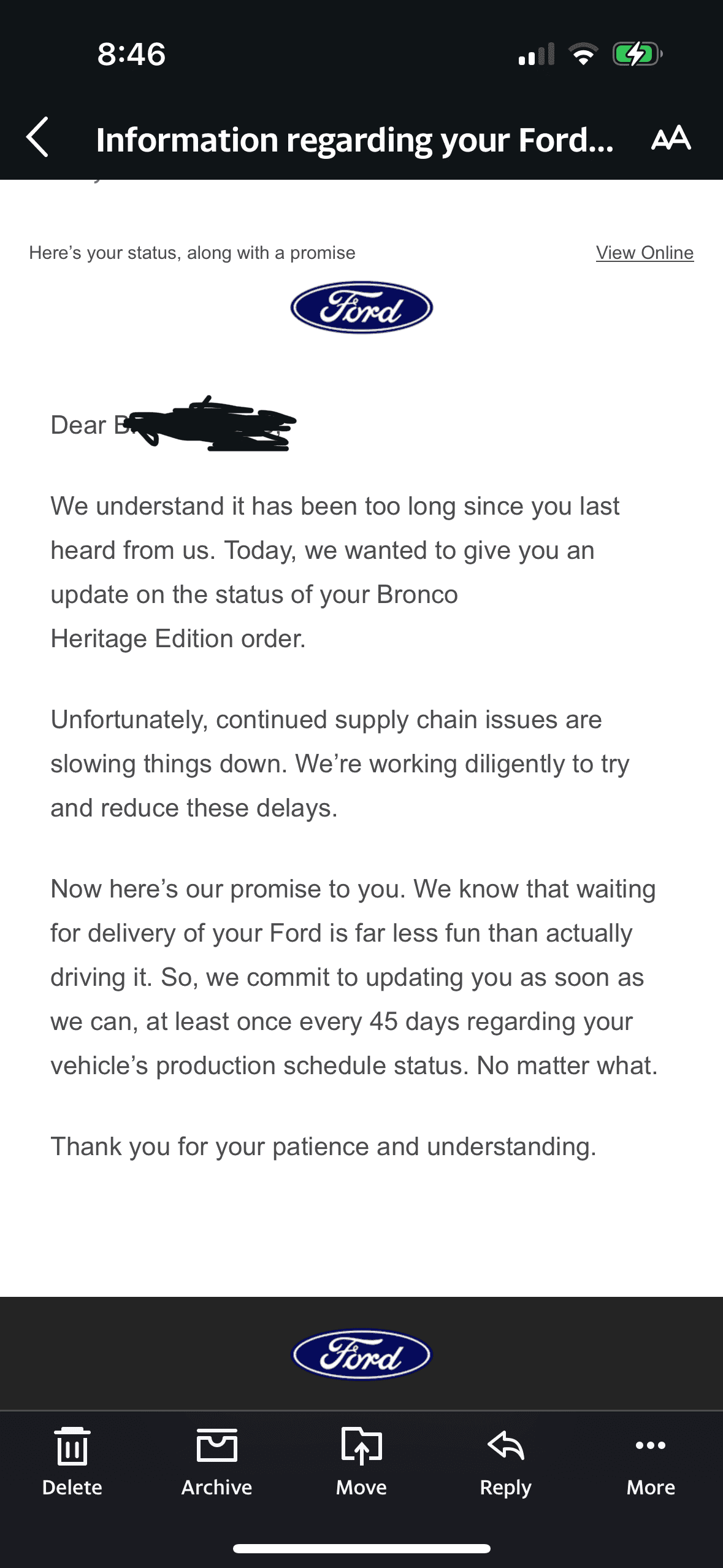 Ford Bronco Ford: Supply chain issues and we promise you in 45 days... email RenderedImage
