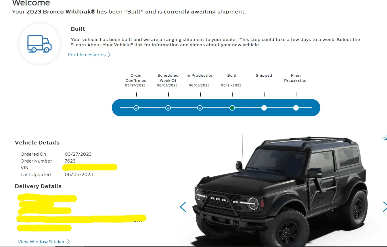 Ford Bronco MY 2023 Build Week Tracking Spreadsheets Built