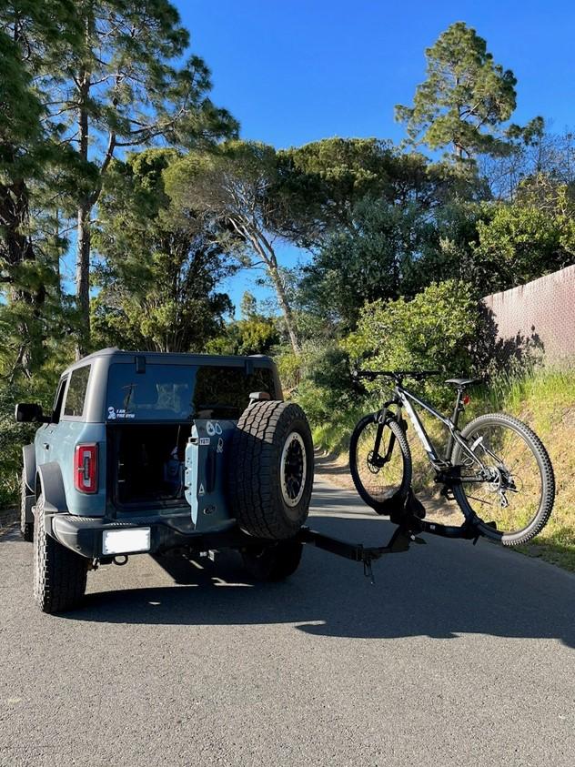 Ford Bronco KUAT 3 bike rack and swing away installed on Bronco B3
