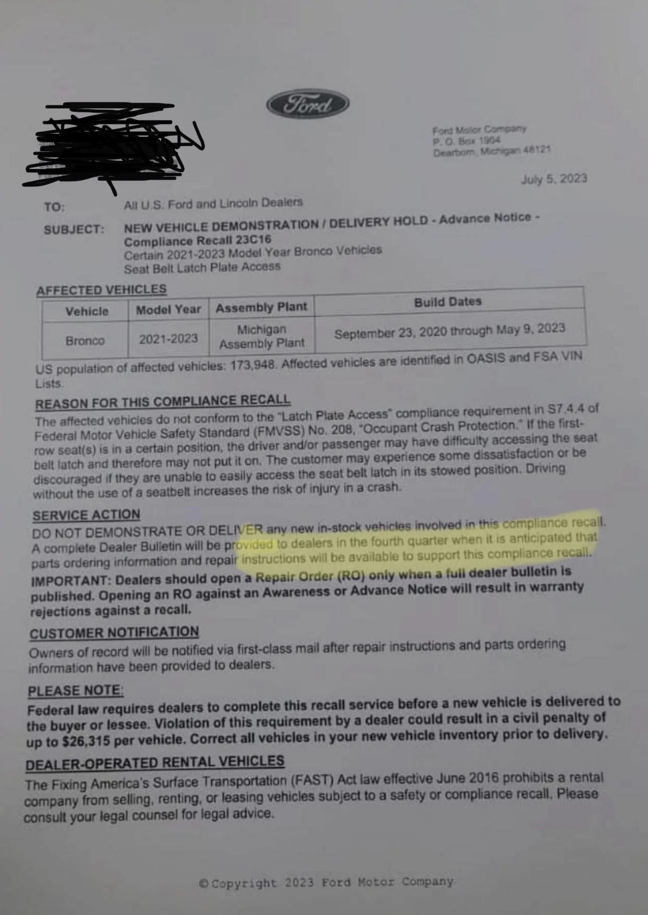 Ford Bronco Recall 23C16 & Delivery Hold : Seat Belt Latch Plate Access For 2021-2023 Bronco w/ Production Build Dates 9/23/20 - 5/9/23 A0E423D0-1DE0-4BCC-9015-9EC20062AC8A