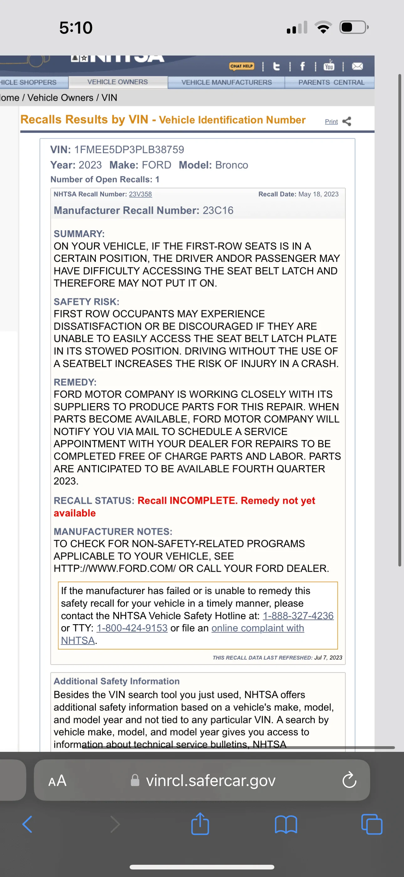 Ford Bronco Recall 23C16 & Delivery Hold : Seat Belt Latch Plate Access For 2021-2023 Bronco w/ Production Build Dates 9/23/20 - 5/9/23 9EB1D14D-ADF6-45E5-BE90-7CC4CD17C4BA