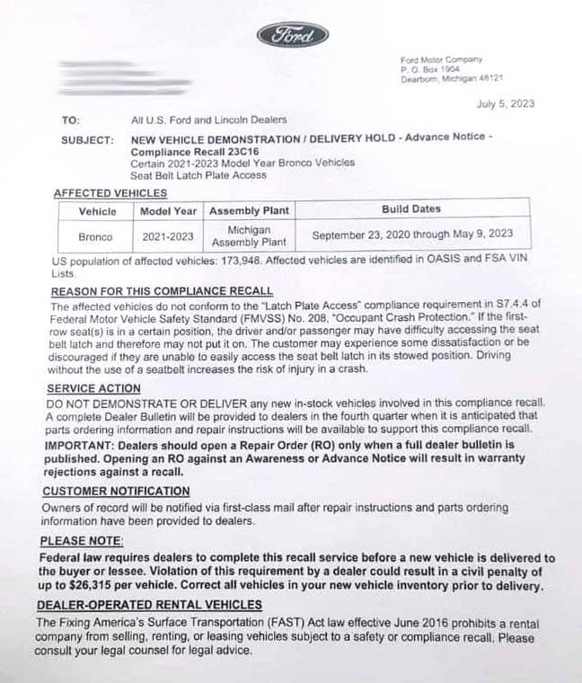 Ford Bronco Recall 23C16 & Delivery Hold : Seat Belt Latch Plate Access For 2021-2023 Bronco w/ Production Build Dates 9/23/20 - 5/9/23 recall-seat-belt-latch-plate-access