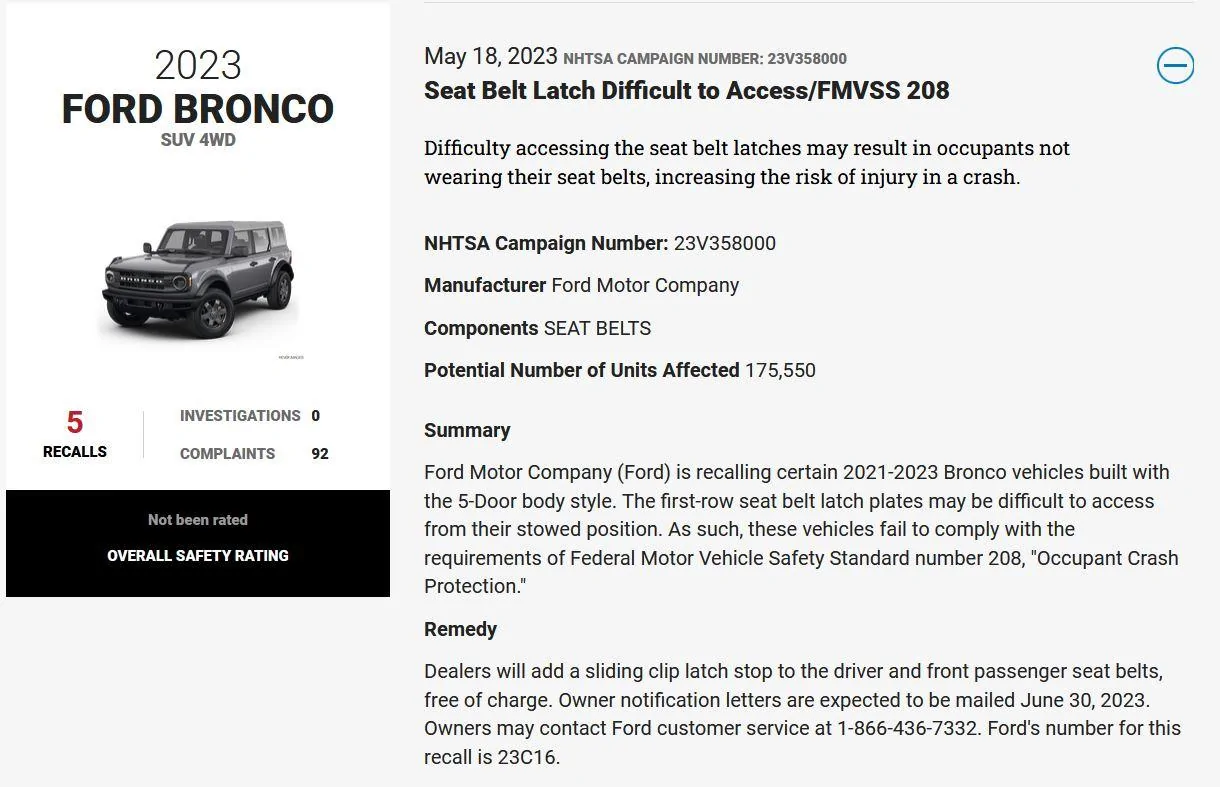 Ford Bronco Recall 23C16 & Delivery Hold : Seat Belt Latch Plate Access For 2021-2023 Bronco w/ Production Build Dates 9/23/20 - 5/9/23 Recall
