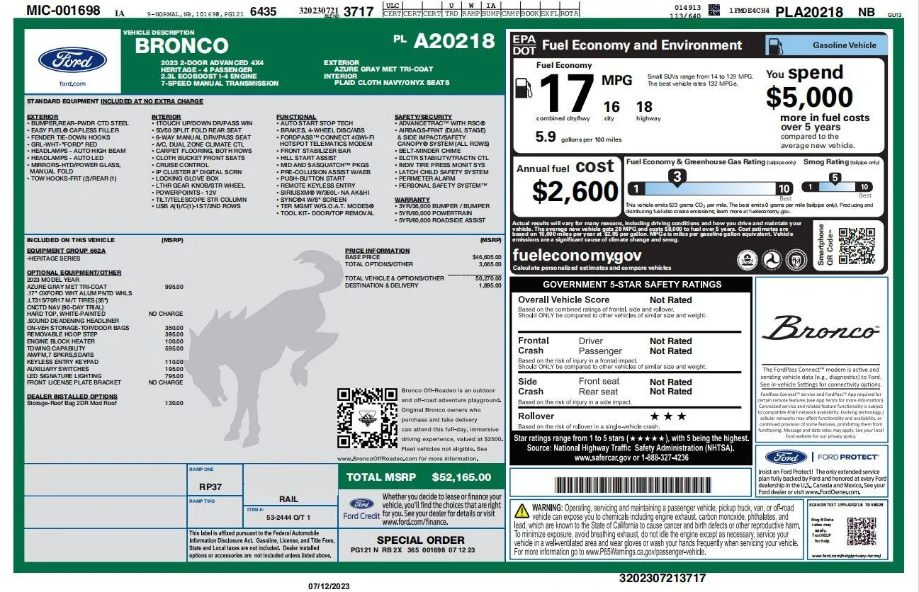 Ford Bronco HERITAGE EDITION Bronco Club Window sticker 2023 bronco heritage edit