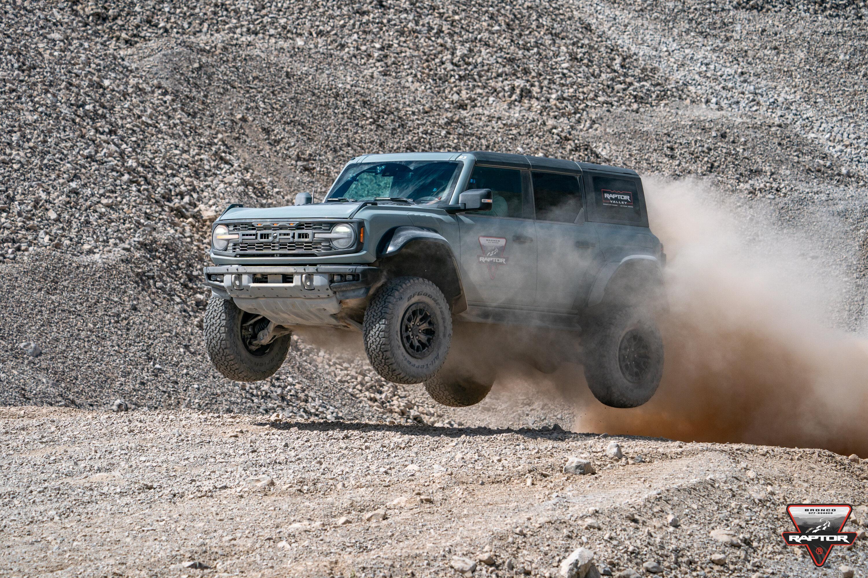 Ford Bronco Hucking Raptors in Nevada, must be the Bronco Raptor Off-Roadeo Metaltech air