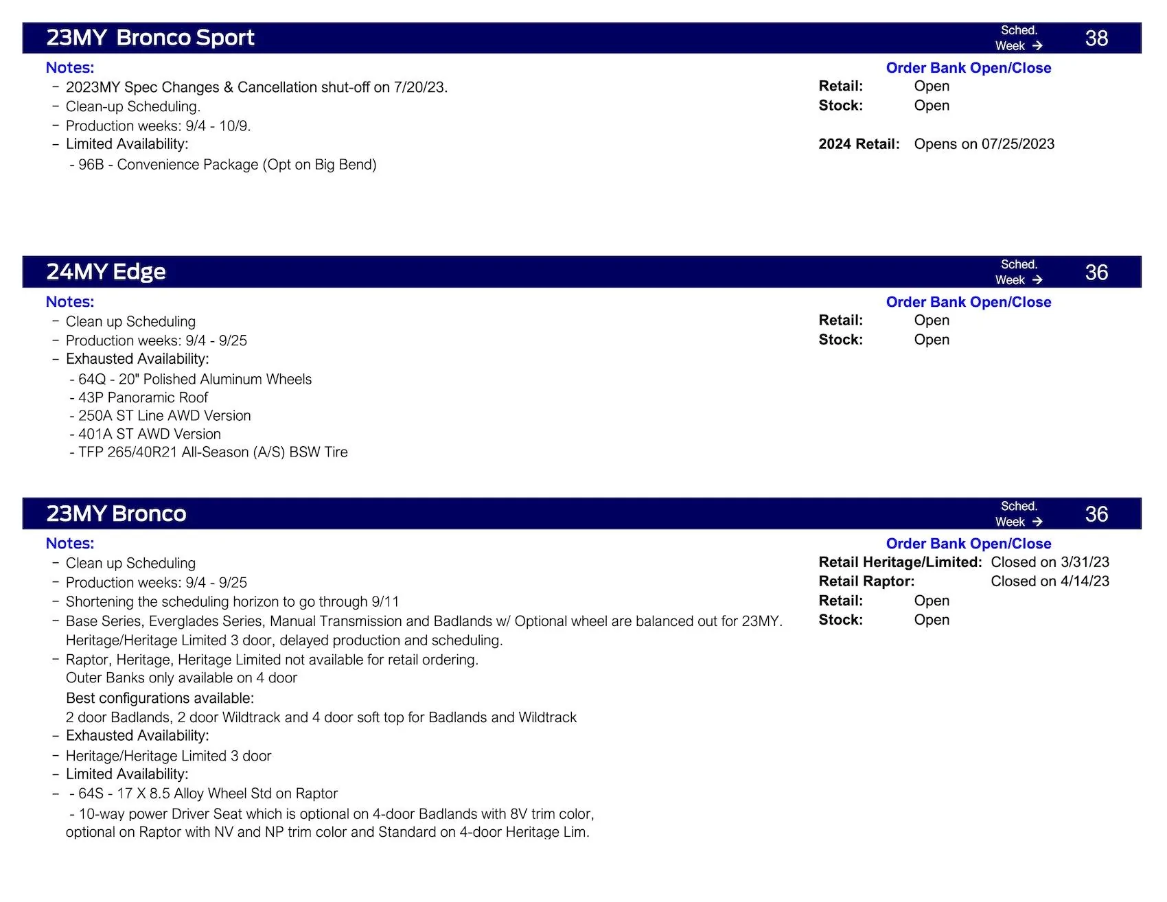 Ford Bronco Bronco Clean-Up Scheduling This Week (7/27/23) for Production Weeks 9/4 - 9/25 Ford Scheduling Information - 7.24.23-2