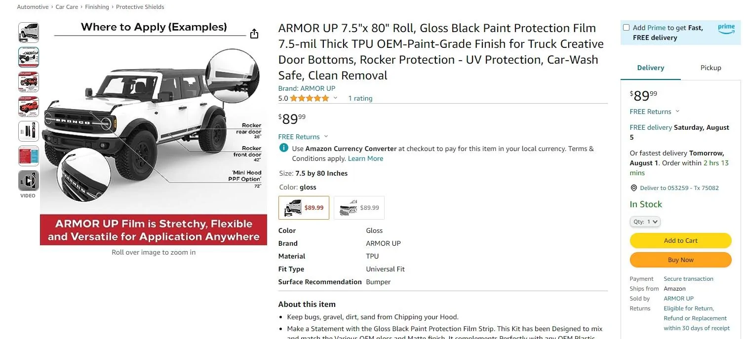 Ford Bronco PPF Clear Film for Hood paint protection film Kit by ArmorU