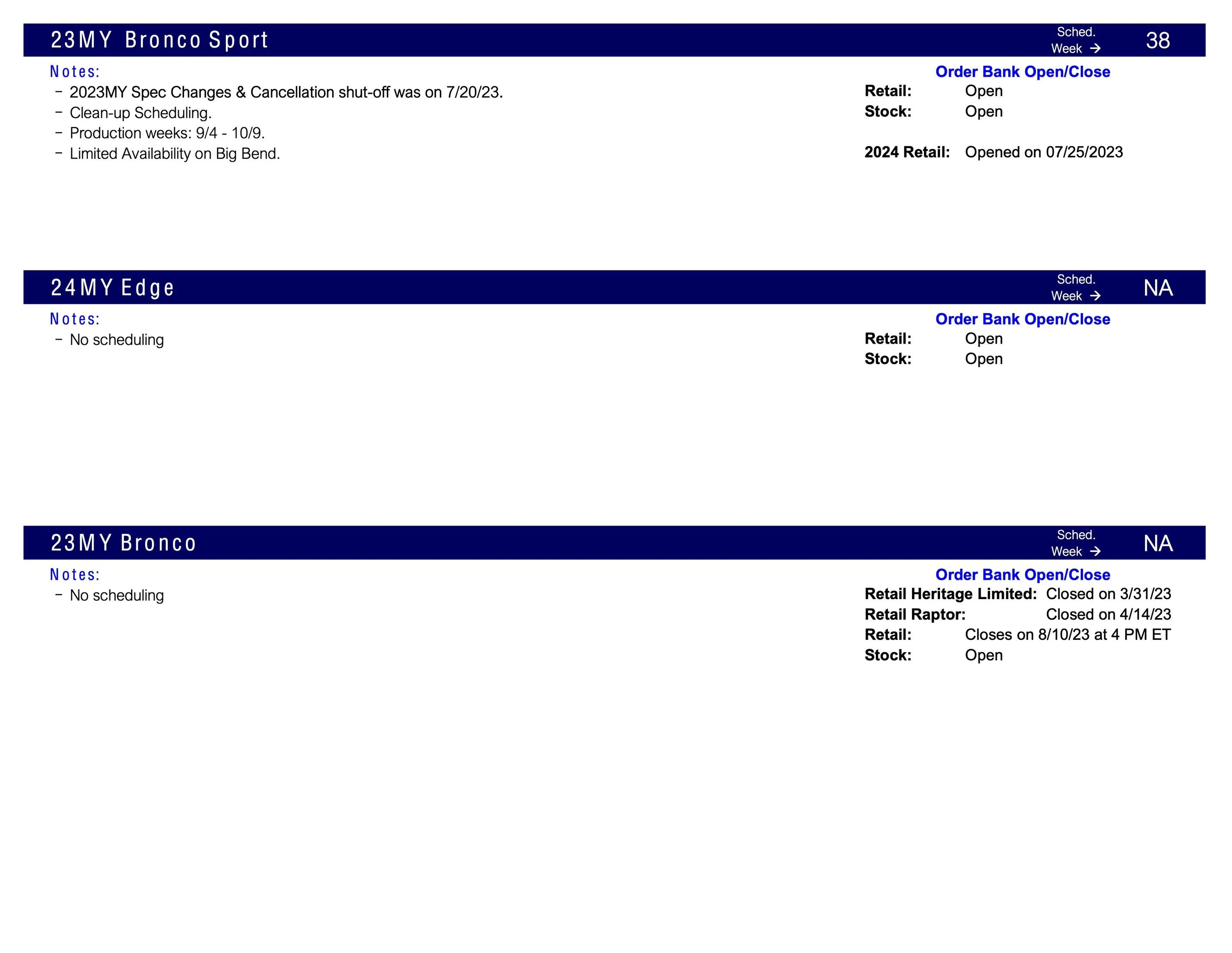 Ford Bronco No Bronco Scheduling This Week (8/3/23) Scheduling Notes 7.31.23-2