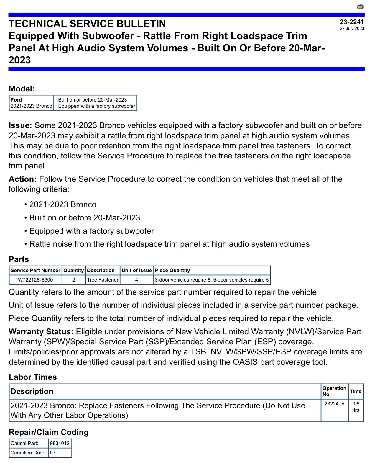 Ford Bronco TSB for subwoofer rattle issue, 23-2241 IMG_1710