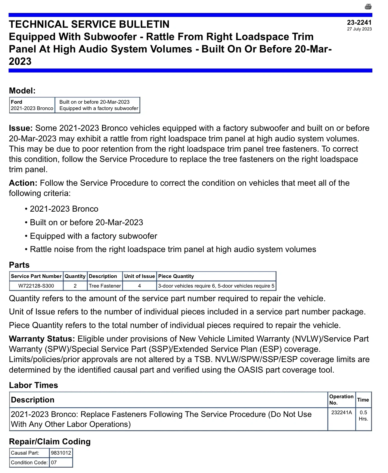 Ford Bronco TSB for subwoofer rattle issue, 23-2241 1691012325581