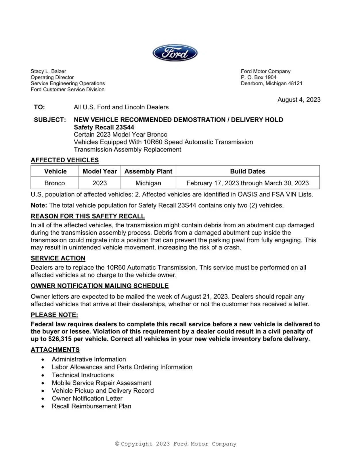 Ford Bronco 23S44 Recall - Certain 2023 Model Year Bronco Automatic Transmission Assembly Replacement IMG_1751