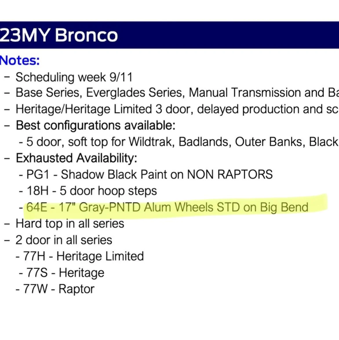 Ford Bronco Bronco Scheduling This Week (8/10/23) for Production Week 9/11 IMG_7975