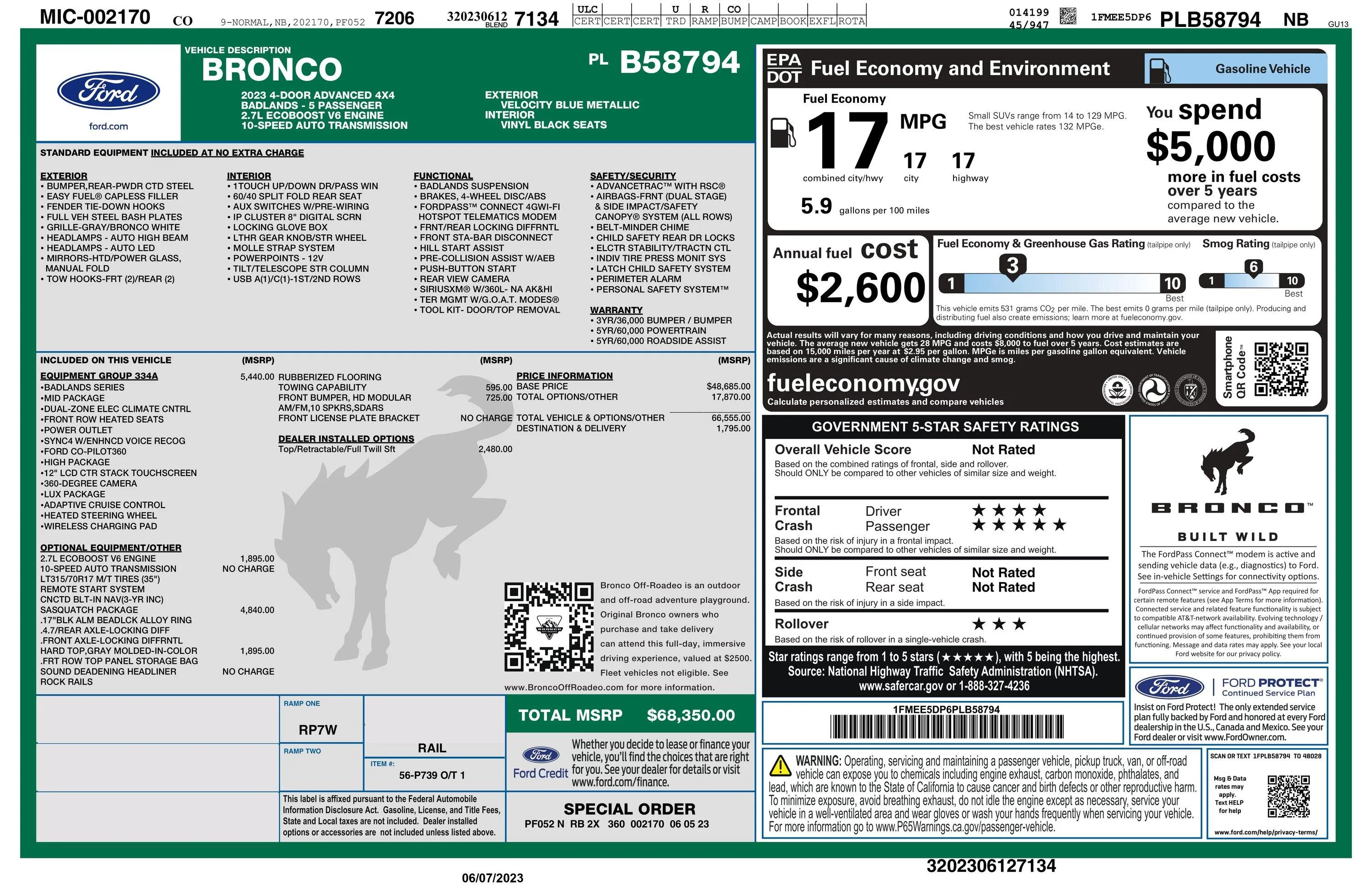 Ford Bronco Badlands Sasquatch at dealer windowsticker