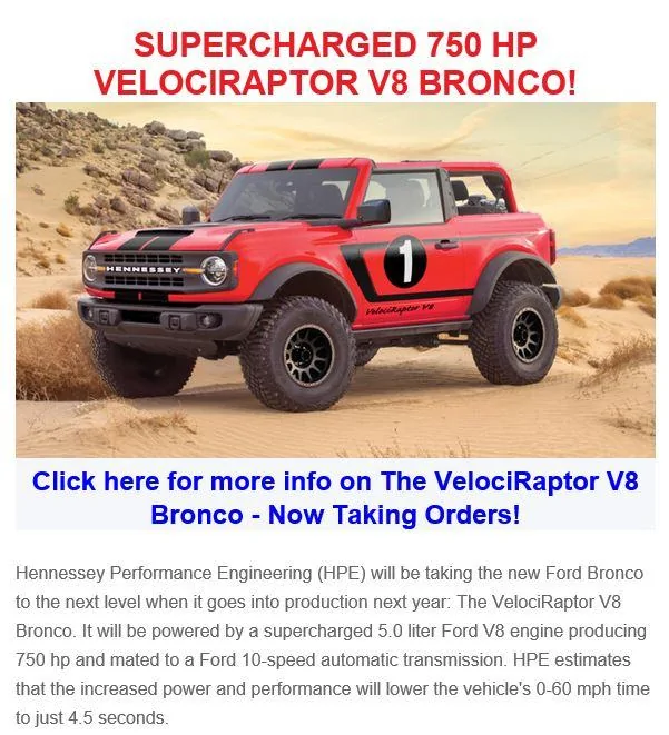 Ford Bronco Hennessey VELOCIRAPTOR Supercharged V8 Swapped Bronco announced Bronco