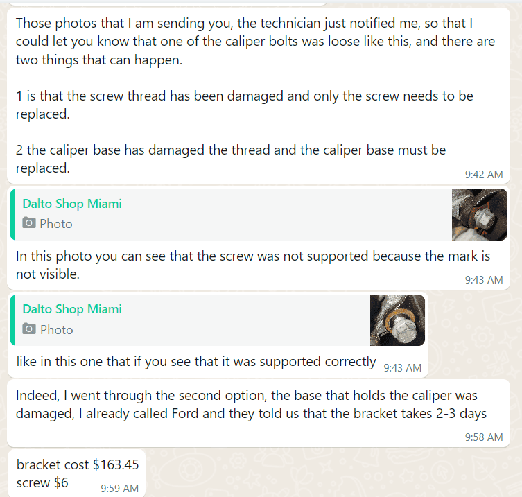 Ford Bronco Help Please: Caliper Bolt loose / damaged caliper base? shop message