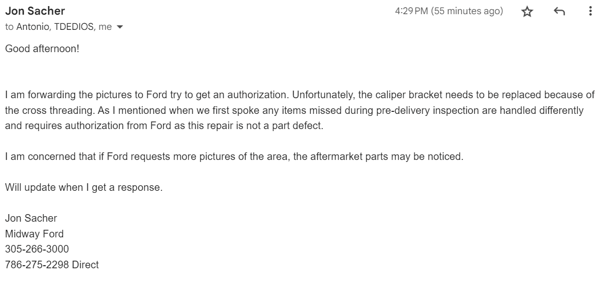 Ford Bronco Help Please: Caliper Bolt loose / damaged caliper base? email response