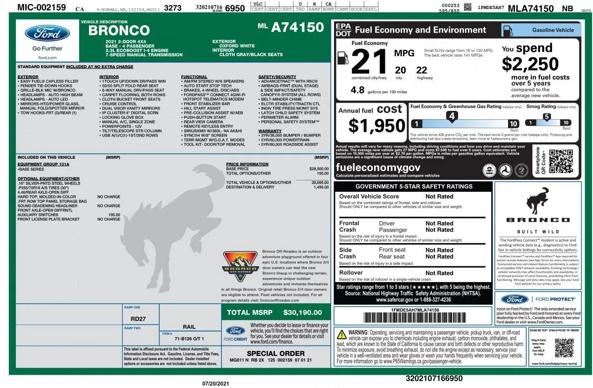 Ford Bronco Missing the $29k base windowsticker