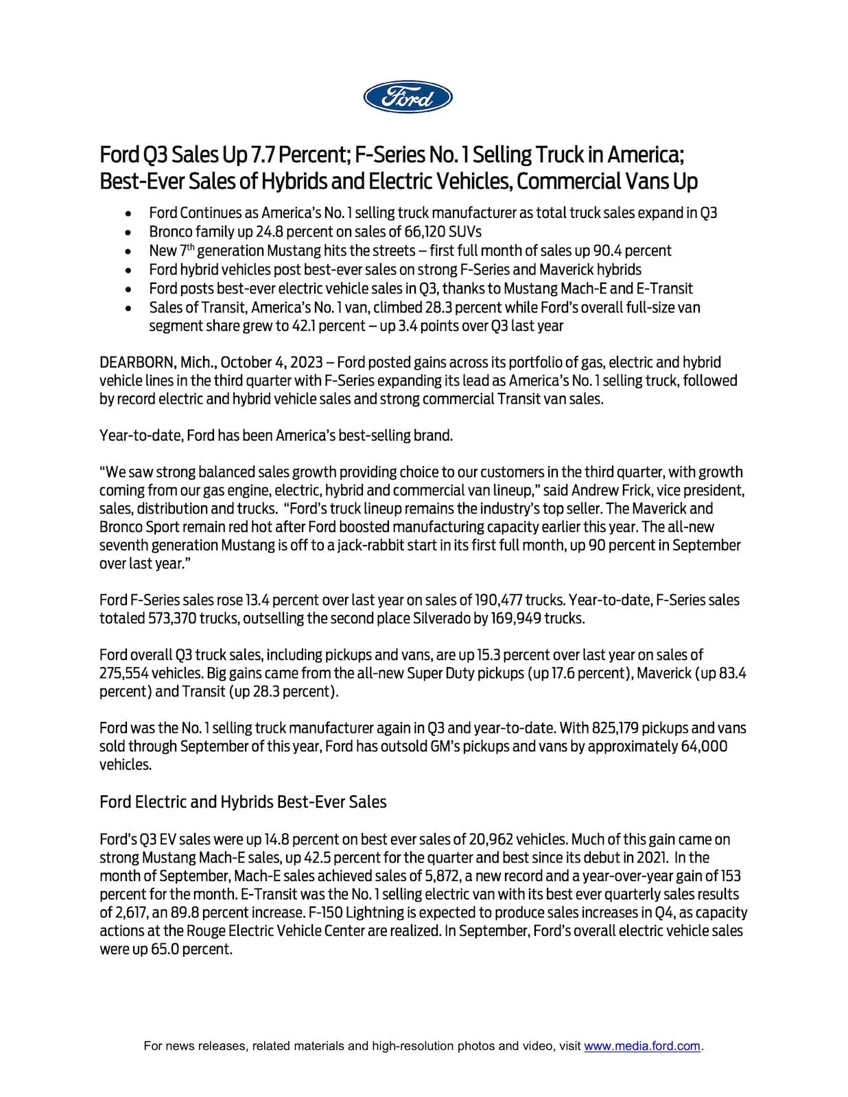 Ford Bronco Bronco September 2023 Sales & Production: 9,683 Sold / 5,566 Produced page 1