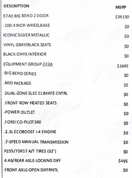 Ford Bronco Ordering a locking differential on a Big Bend Build sheet sni