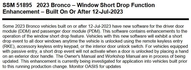 Ford Bronco Door module update fixes window flop SSM 51895
