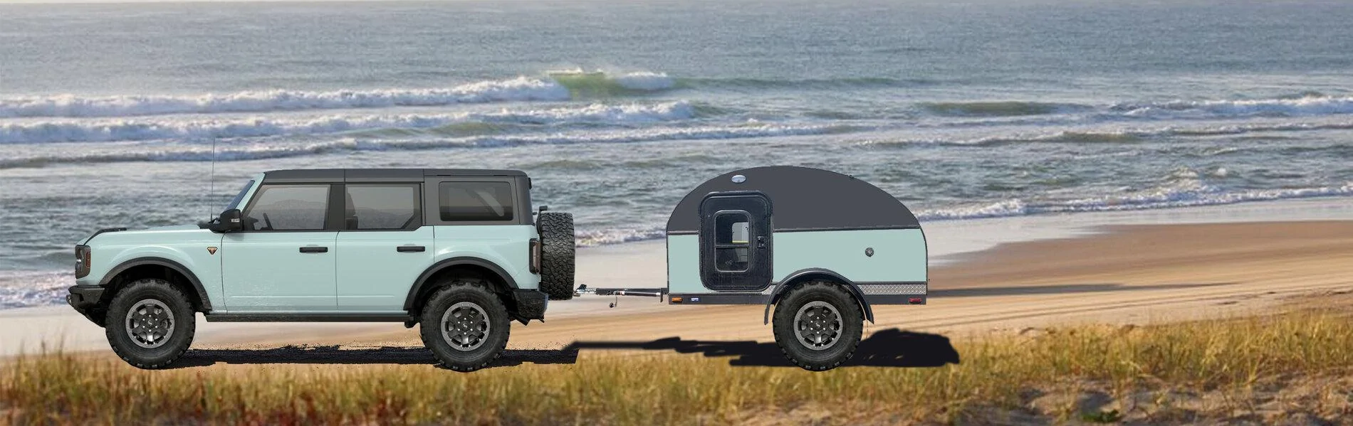 Ford Bronco Badlands vs Wildtrak Bronco & Trailer side view - Badlands - Cactus Grey