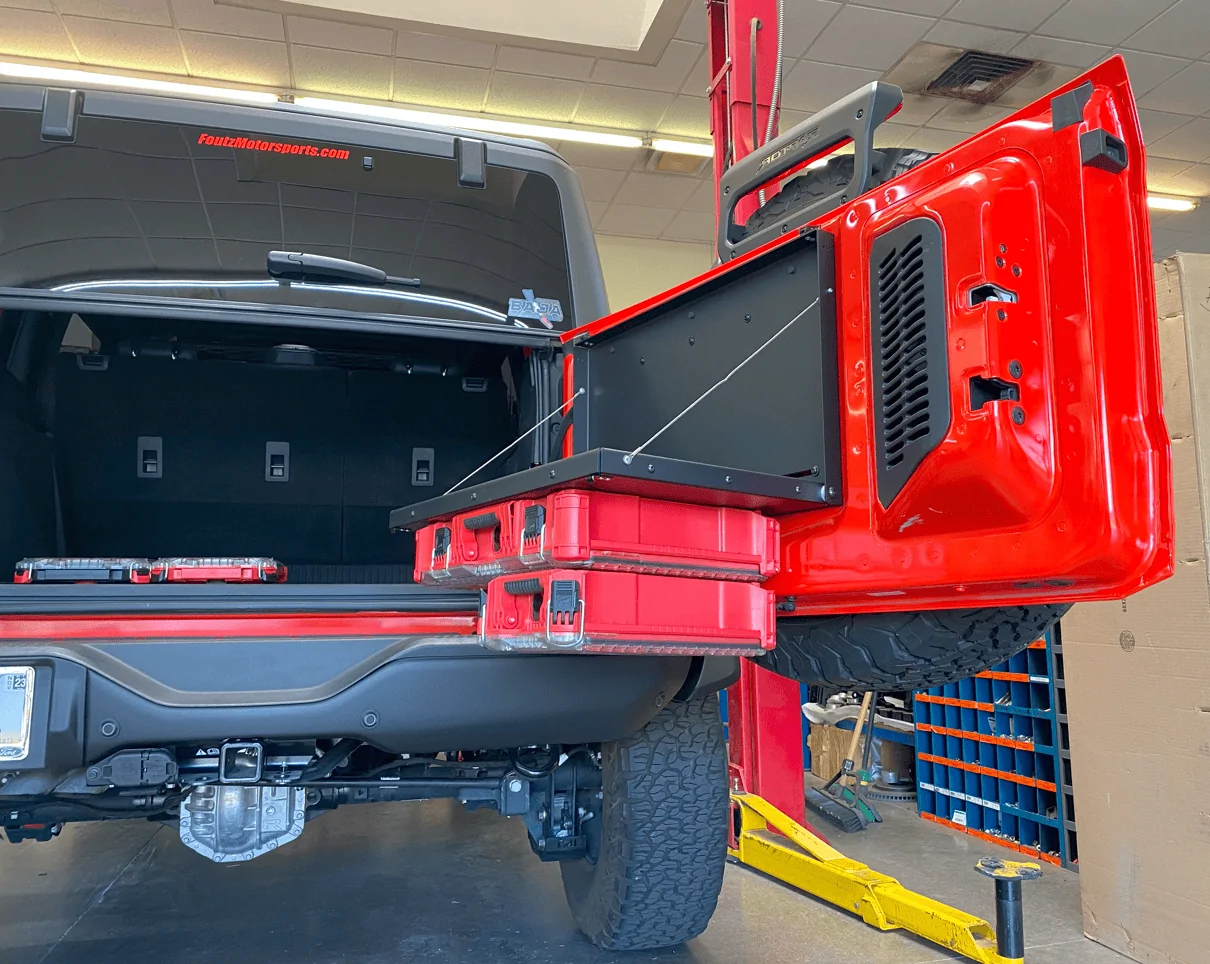 Ford Bronco Folding Tailgate Table w/ built-in PACKOUT mount by Foutz Motorsport milwaukee-packout-tool-box-storage-mounting-plate-folding-tailgate-table-bronco-raptor (1)